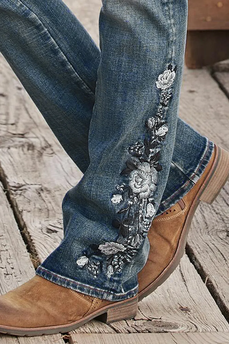 🔥LAST DAY 90% OFF🔥Floral Embroidery Mid Waist Bootcut Jeans