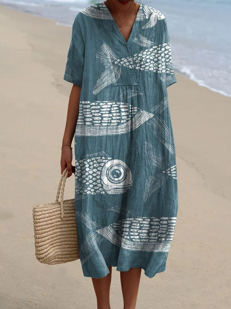 Women's Vintage Lovely Fish Art Print Flowy Dress c4e8
