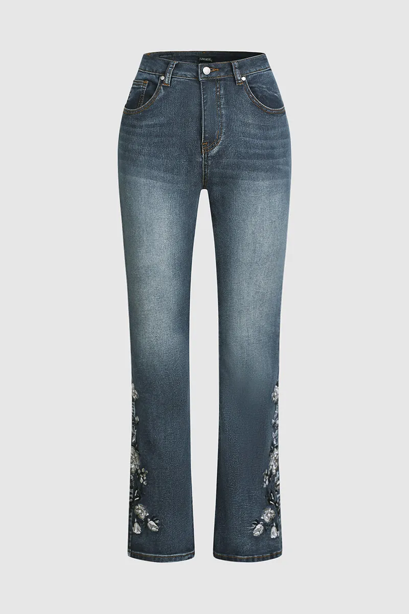 🔥LAST DAY 90% OFF🔥Floral Embroidery Mid Waist Bootcut Jeans