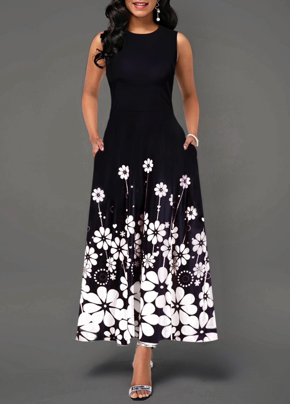 Round Neck Flower Print Color Block Maxi Dress