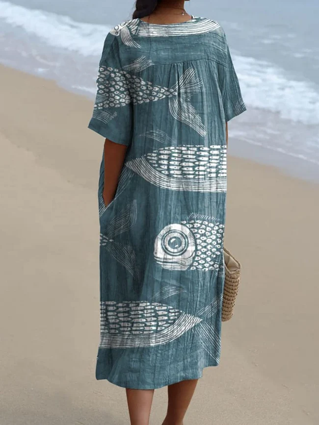 Women's Vintage Lovely Fish Art Print Flowy Dress c4e8