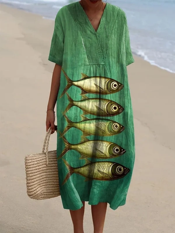 Women's Vintage Lovely Fish Art Print Flowy Dress 030c