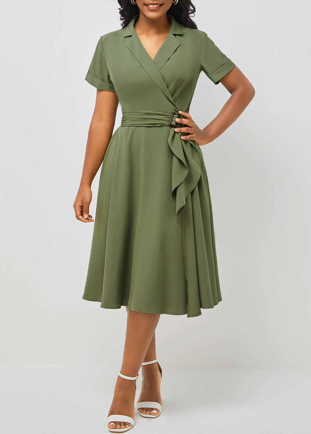 Notch Collar Short Sleeve Army Green Dress