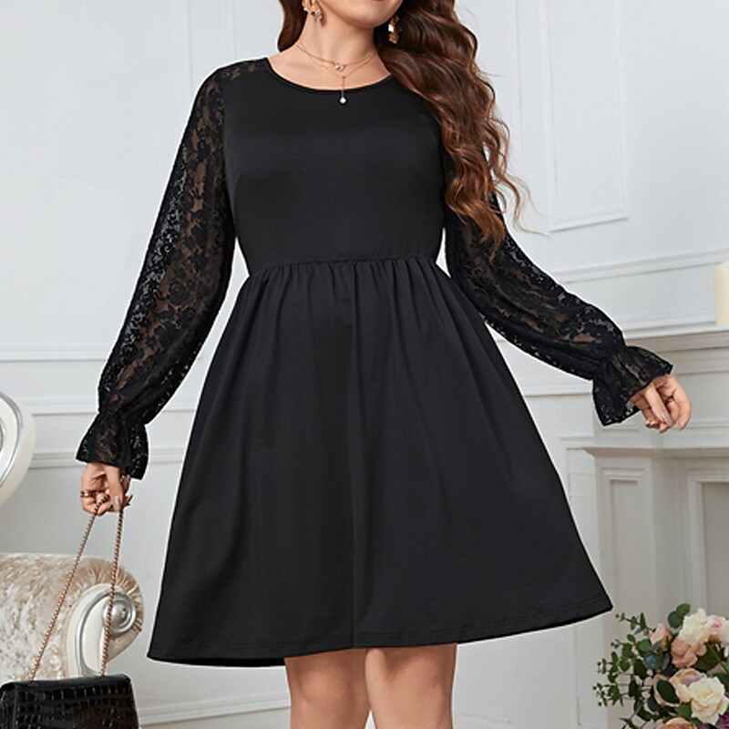 Women's Plus Size Work Dress Pure Color Crew Neck Long Sleeve Fall Winter Work Elegant Knee Length Dress Work Work Dress Dress