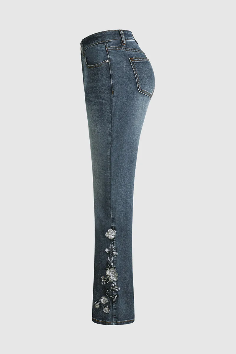 🔥LAST DAY 90% OFF🔥Floral Embroidery Mid Waist Bootcut Jeans