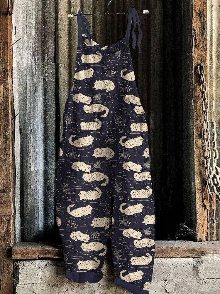 Japanese Art Cozy Cute Cat Vegetation Painting Art Jumpsuit c41c