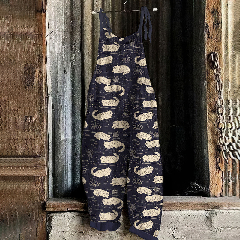 Japanese Art Cozy Cute Cat Vegetation Painting Art Jumpsuit c41c