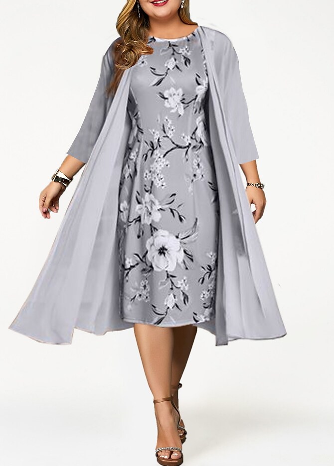 Women's Plus Size Dress Set Floral Round Neck 3/4 Length Sleeve Formal Dress