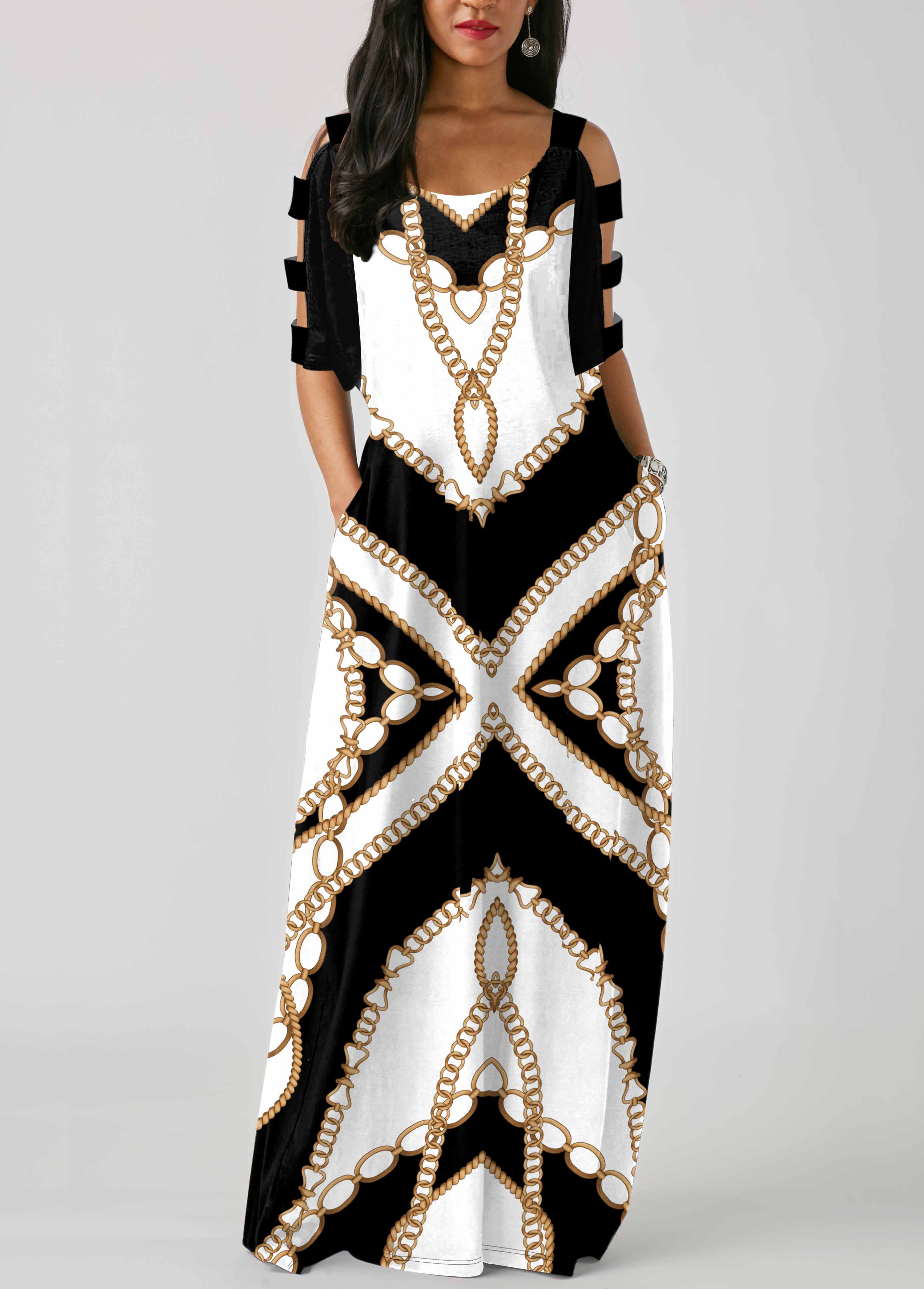 Tribal Print Ladder Cutout White Maxi Dress