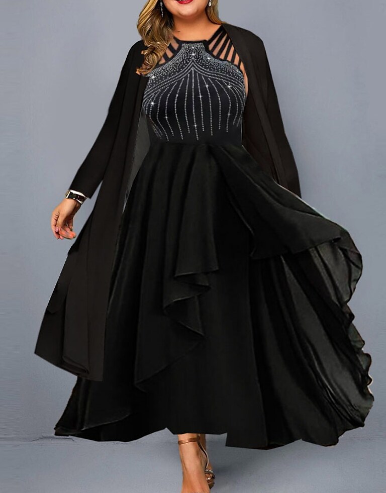 Women's Plus Size Party Dress Print Round Neck Long Sleeve Fall Winter Stylish Formal Maxi long Dress Formal Party Dress / Dress Set