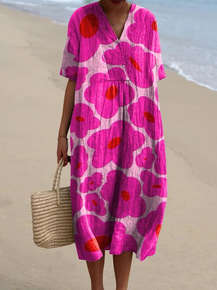 Vibrant Pink Floral Pattern Printed Women's Flowy Dress f108