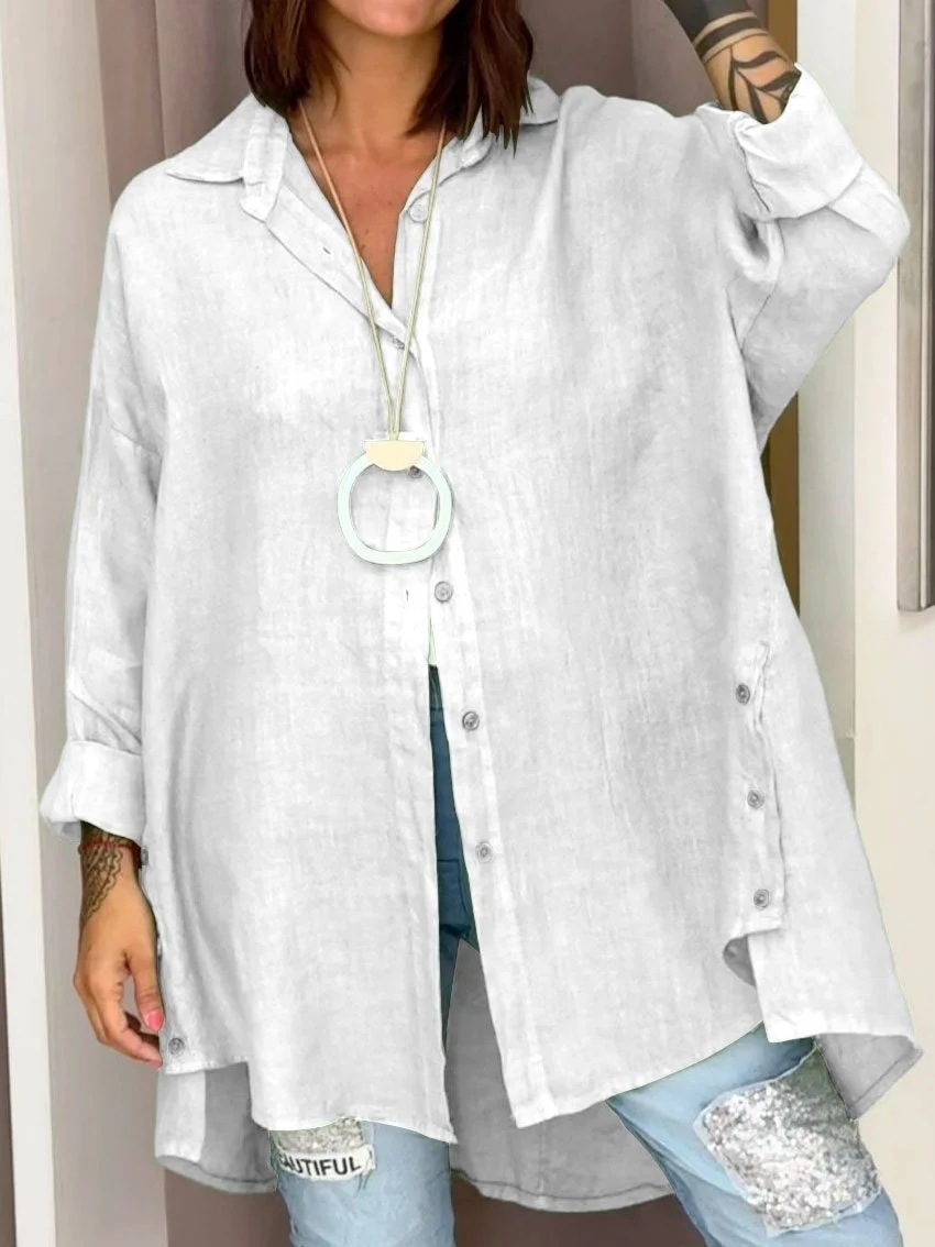 Summer Solid Color Women's Loose Regular Nine-quarter Sleeve Cotton and Linen Shirt b865