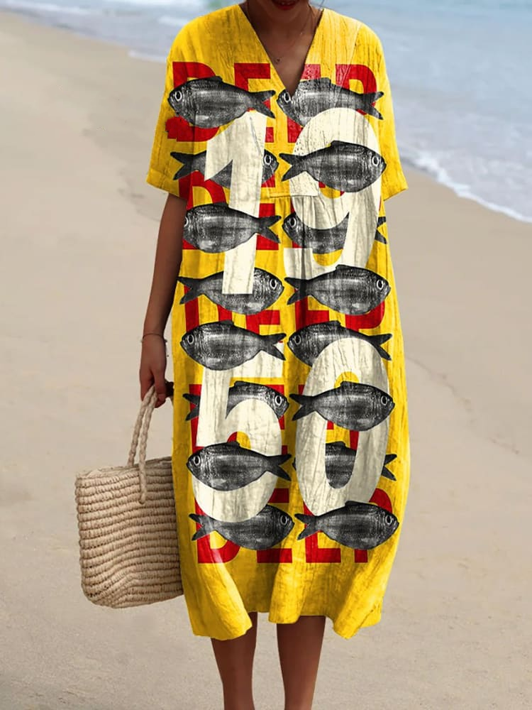 Women's Vintage Fish Sardines Art Print Flowy Dress b8a8