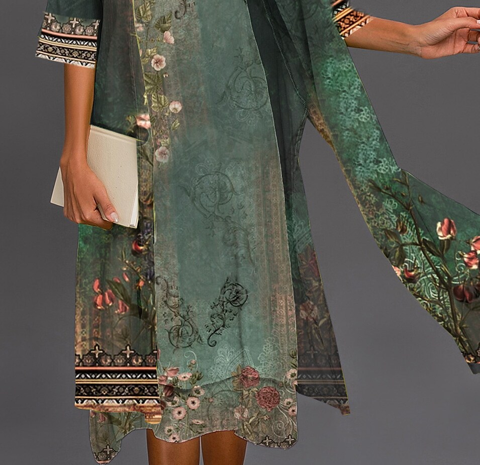 Women's Dress Set Green 3/4 Length Sleeve Floral Print Two Piece Dress
