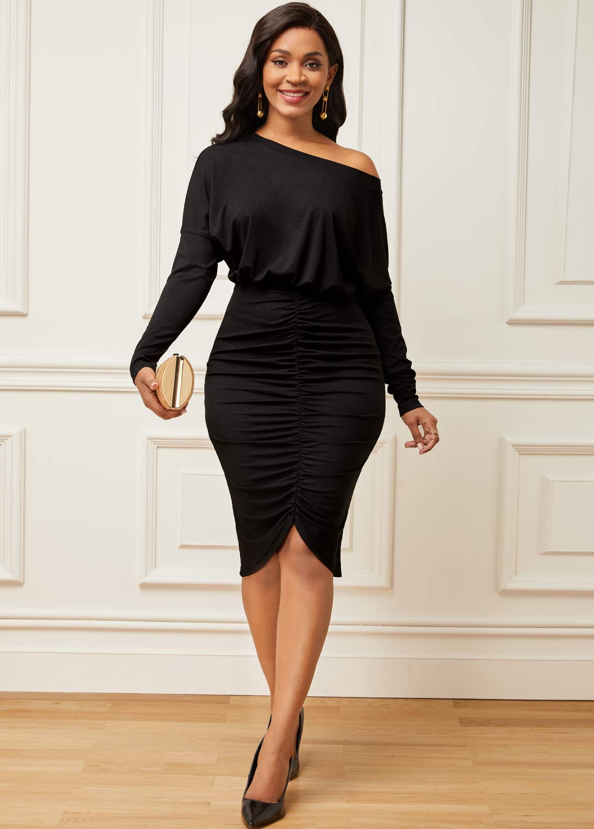 Skew Neck Ruched Cap Sleeve Dress