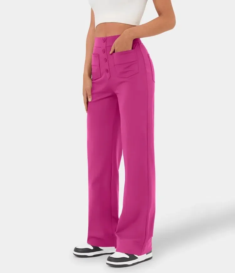 💖Today’s Promotion💐High Waisted Button Multiple Pockets Straight Leg Casual Pants