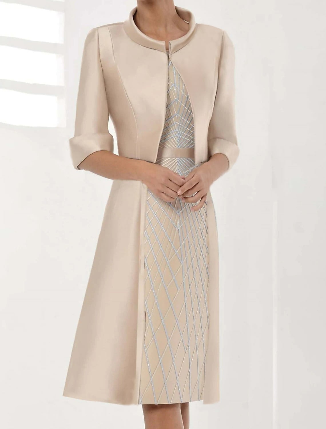 Women's Dress Set Two Piece Dress Knee Length Dress Beige 3/4 Length Sleeve Embroidery Embroidered Layered Fall Winter Stand Collar Modern Mature 2022 S M L XL 2XL 3XL