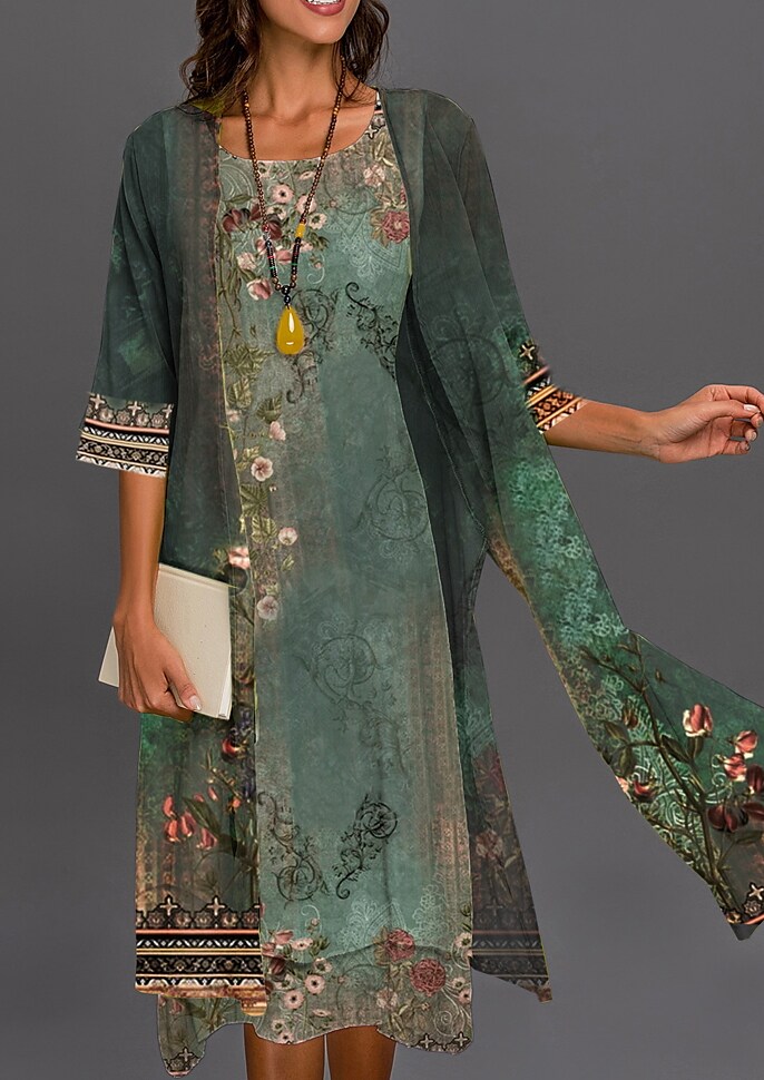 Women's Dress Set Green 3/4 Length Sleeve Floral Print Two Piece Dress