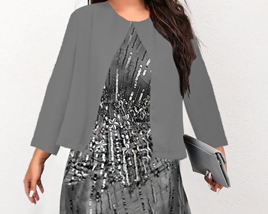 Women's Plus Size Dress Set Pure Color Crew Neck 3/4 Length Sleeve Fall Winter Stylish Midi Dress Formal Work Dress