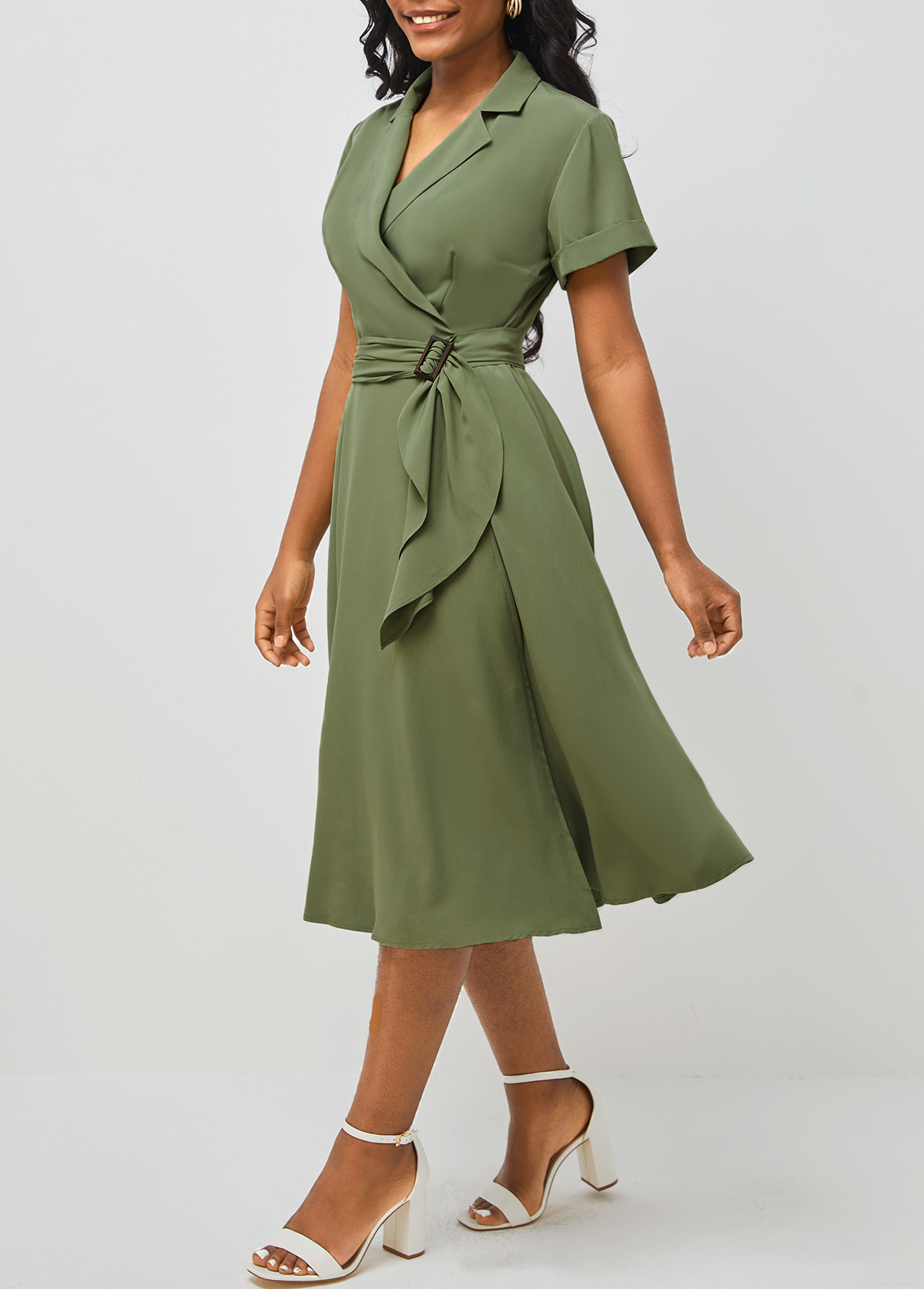 Notch Collar Short Sleeve Army Green Dress