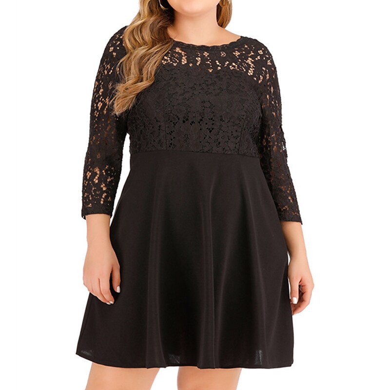 Women's Plus Size Party Dress Pure Color Crew Neck 3/4 Length Sleeve Winter Fall Fashion Elegant Mini Dress Party Date Dress / Black Dress / Lace Dress