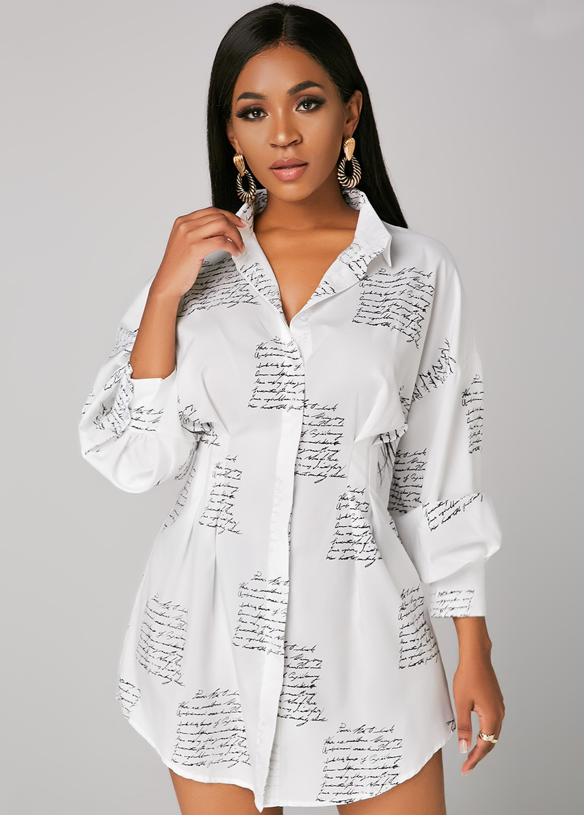 Button Up Turndown Collar Letter Print Shirt Dress