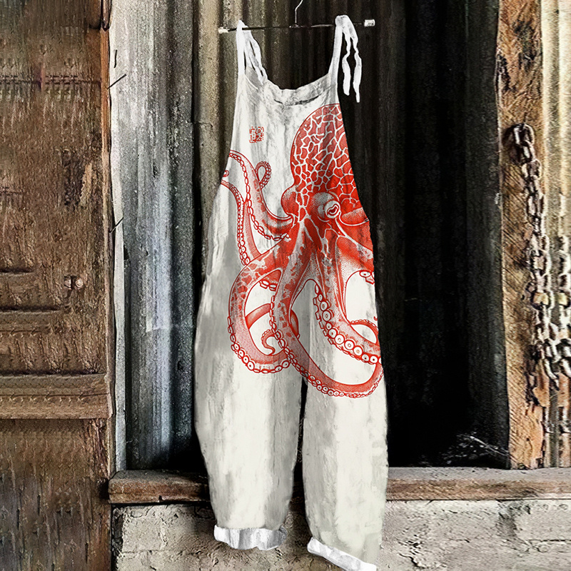Japanese Art Octopus Print Casual Loose Jumpsuit e6d9