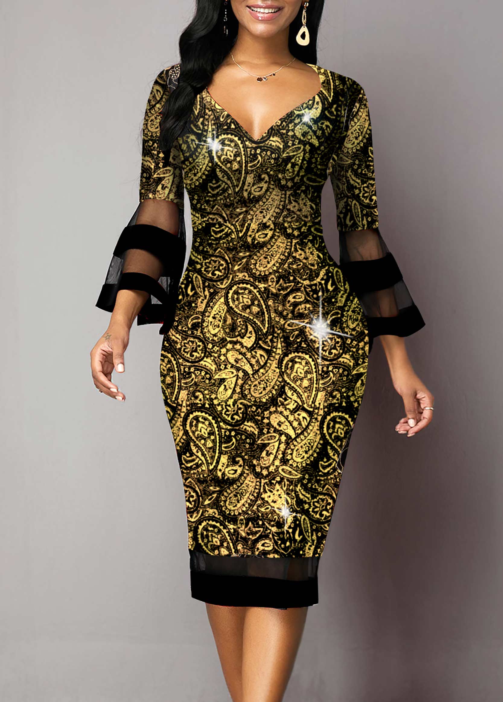 Paisley Print 3/4 Sleeve Golden Dress