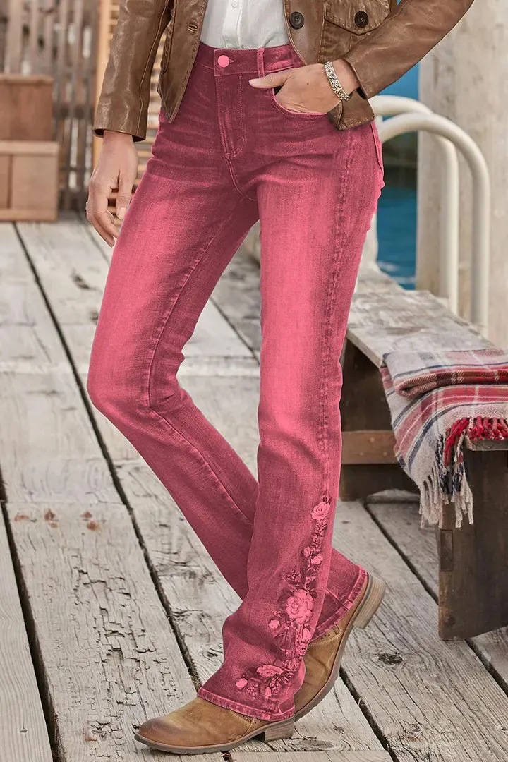 🔥LAST DAY 90% OFF🔥Floral Embroidery Mid Waist Bootcut Jeans