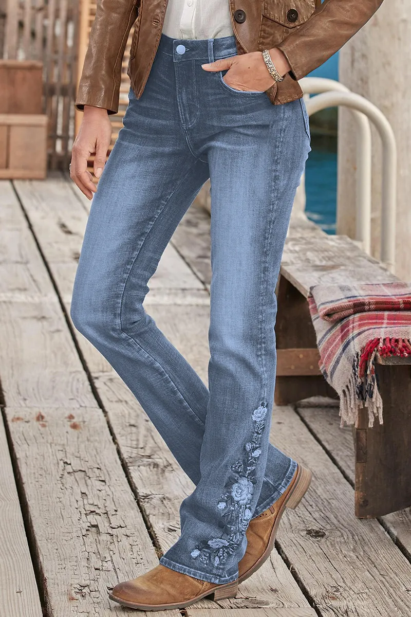 🔥LAST DAY 90% OFF🔥Floral Embroidery Mid Waist Bootcut Jeans