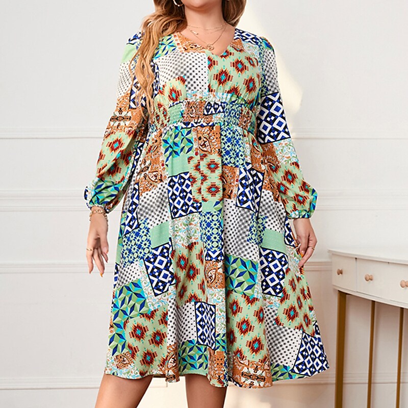 Women's Plus Size Casual Dress Geometric V Neck Long Sleeve Fall Winter Casual Midi Dress Causal Daily Dress