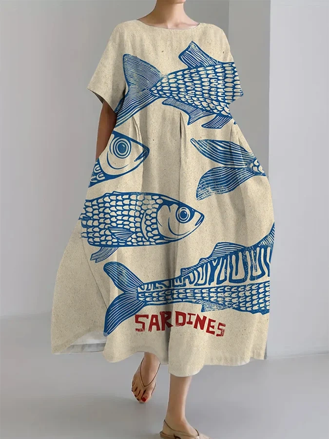 Women's Vintage Fish Art Print Pocket Loose Dress e606