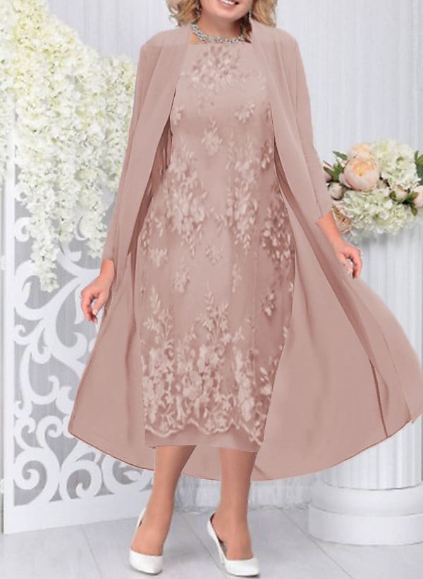 Women's Plus Size Two Piece Dress Floral Crew Neck Ruched Long Sleeve Dress