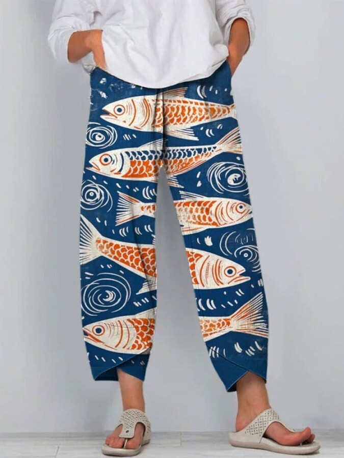 Women's Vintage Lovely Fish Art Printed Cotton And Linen Casual Pants be3d